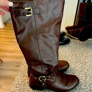 Black and brown wide leg boots